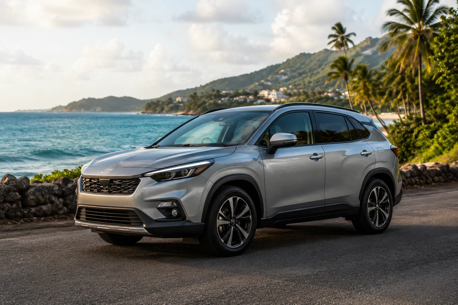 Illustrative silver SUV beside the Caribbean coast